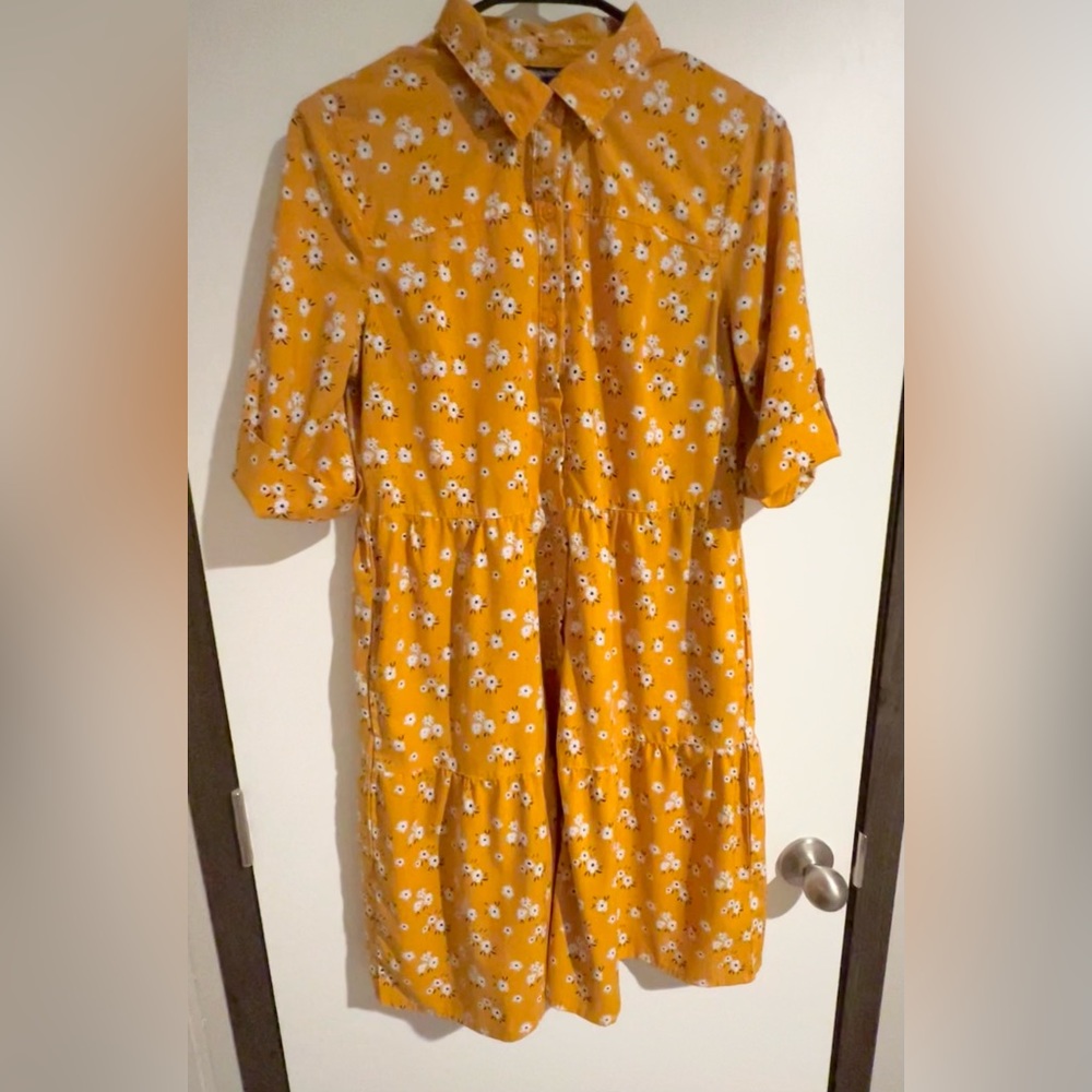 Mustard dress with white, black, navy blue flowers